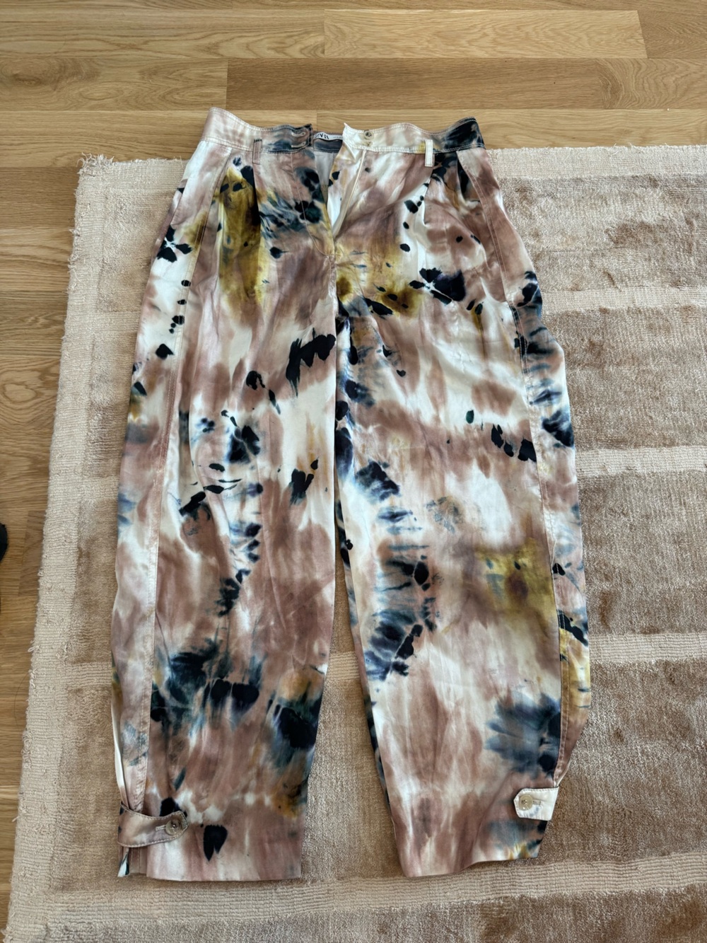 Zara Tie-Dye Pants in Beige, Black and Mustard Accents